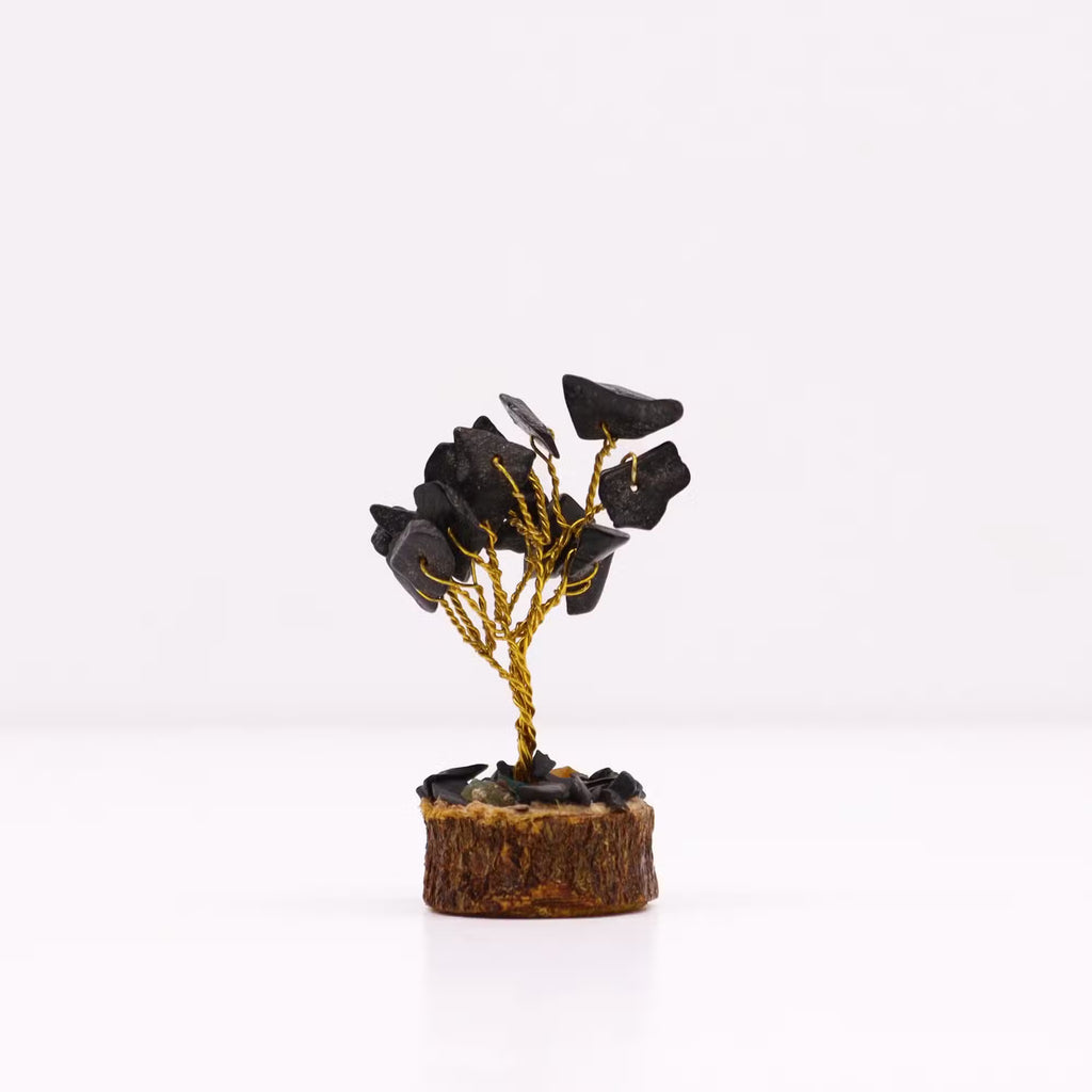 Black Agate Gemstone Tree, Wood Base