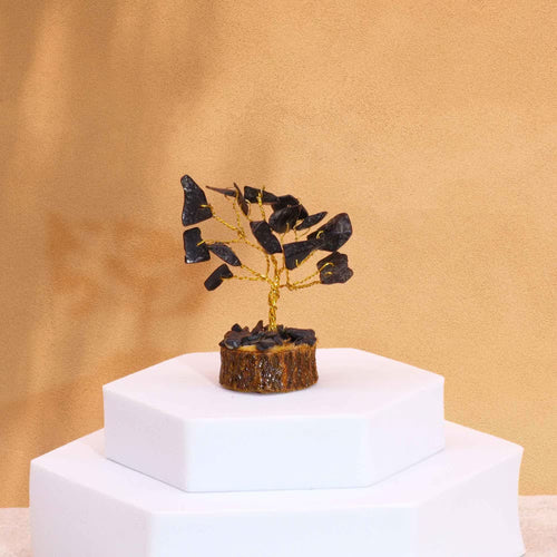 Black Agate Gemstone Tree, Wood Base