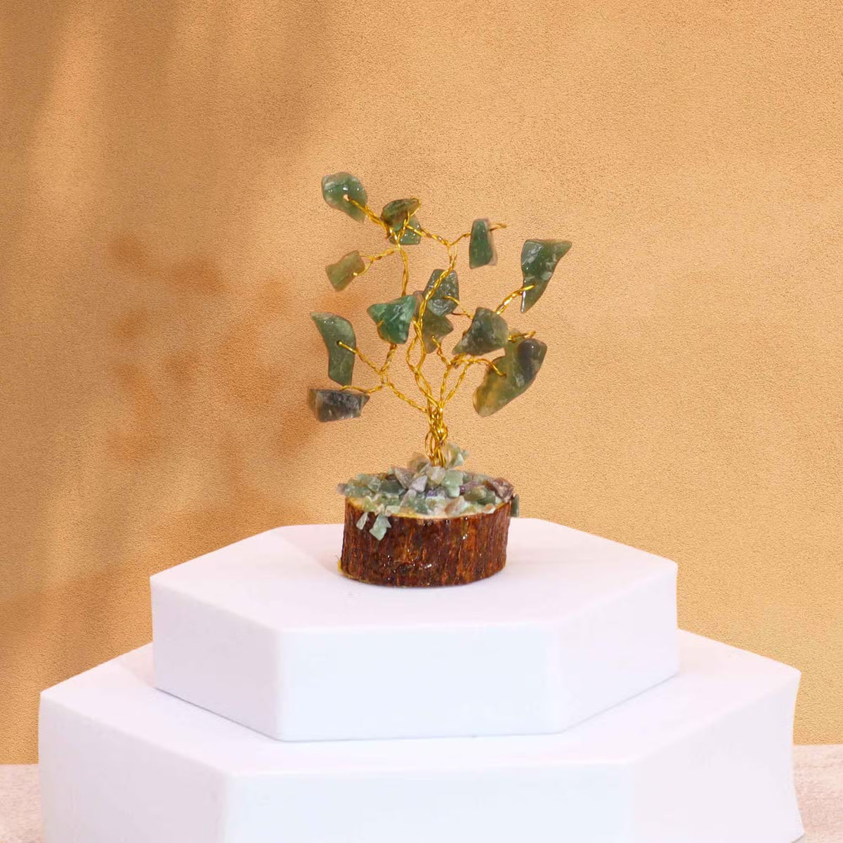 Green Aventurine Gemstone Tree, Wood Base