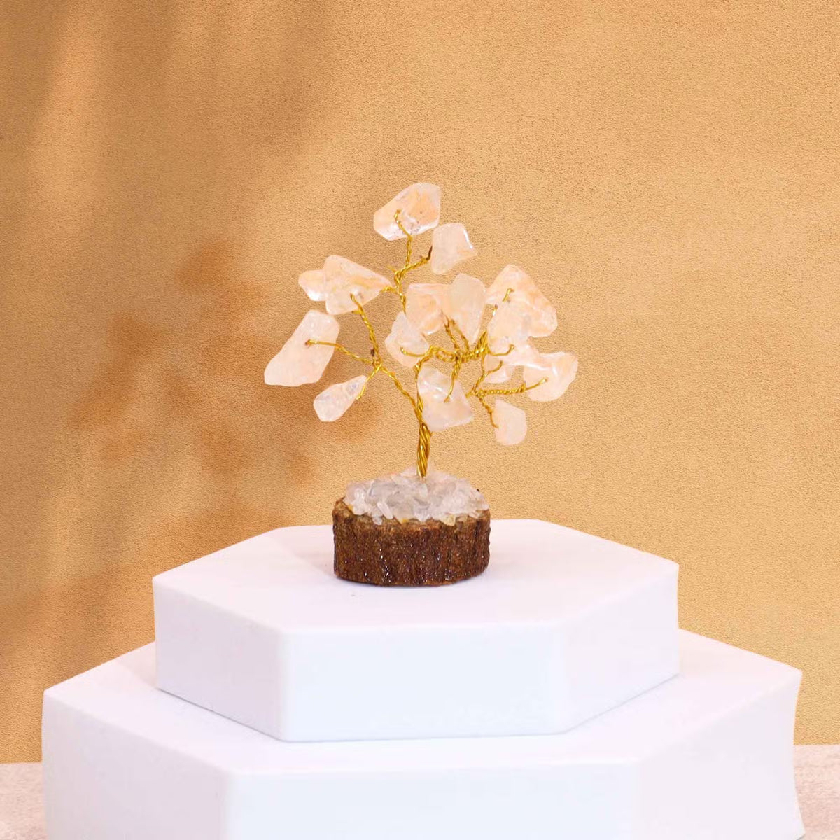Clear Quartz Gemstone Tree, Wood Base