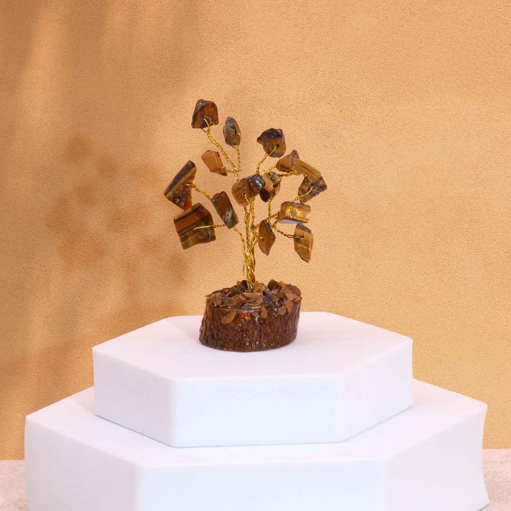 Tiger's Eye Gemstone Tree, Wood Base